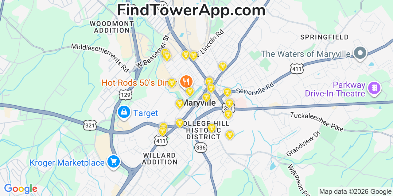 Map showing the 20 primary cell tower locations detected in Maryville, Tennessee from AT&T, Verizon, and T-Mobile networks