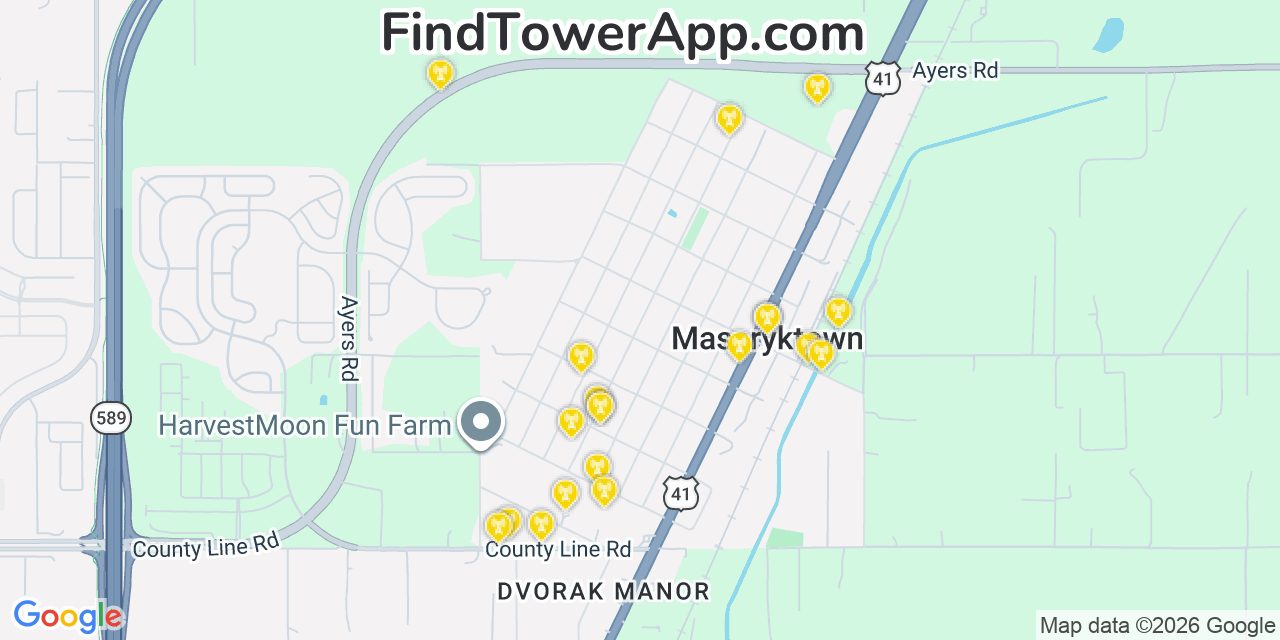 Map showing the 20 primary cell tower locations detected in Masaryktown, Florida from AT&T, Verizon, and T-Mobile networks