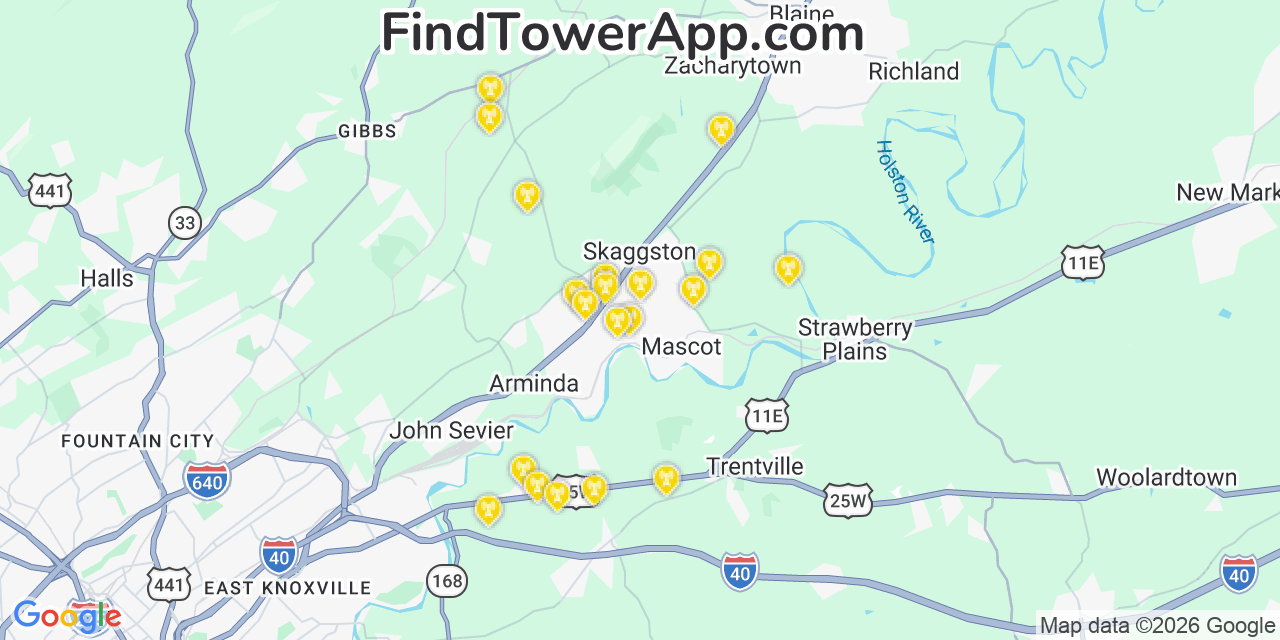 Map showing the 20 primary cell tower locations detected in Mascot, Tennessee from AT&T, Verizon, and T-Mobile networks