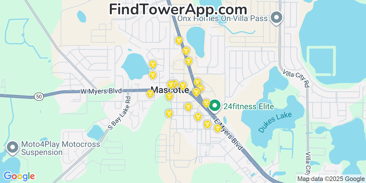 Map showing the 20 primary cell tower locations detected in Mascotte, Florida from AT&T, Verizon, and T-Mobile networks
