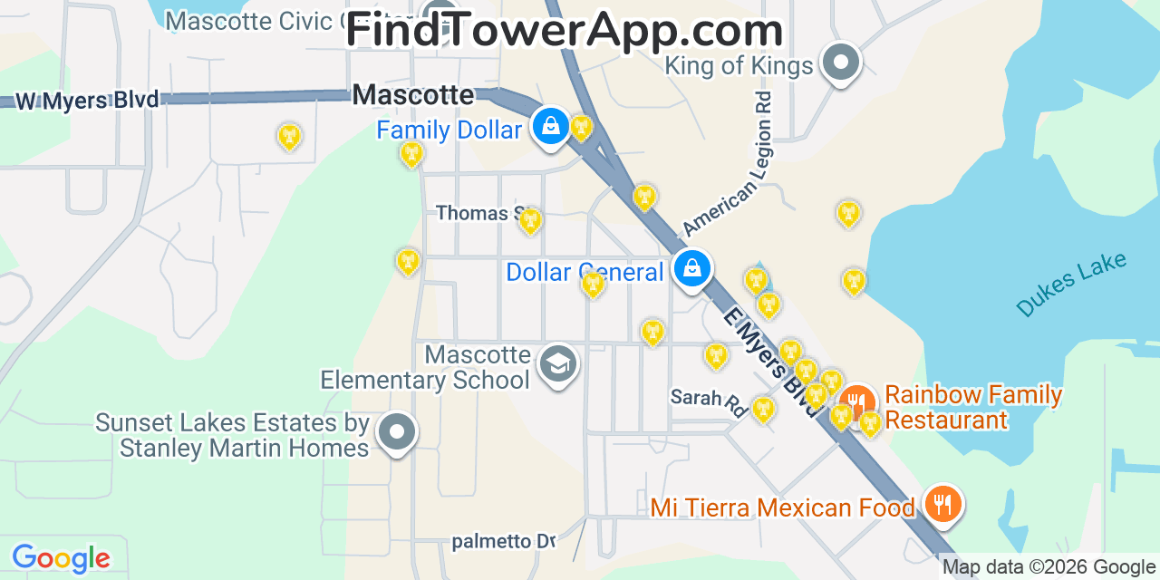 Map showing the 20 primary cell tower locations detected in Mascotte, Florida from AT&T, Verizon, and T-Mobile networks