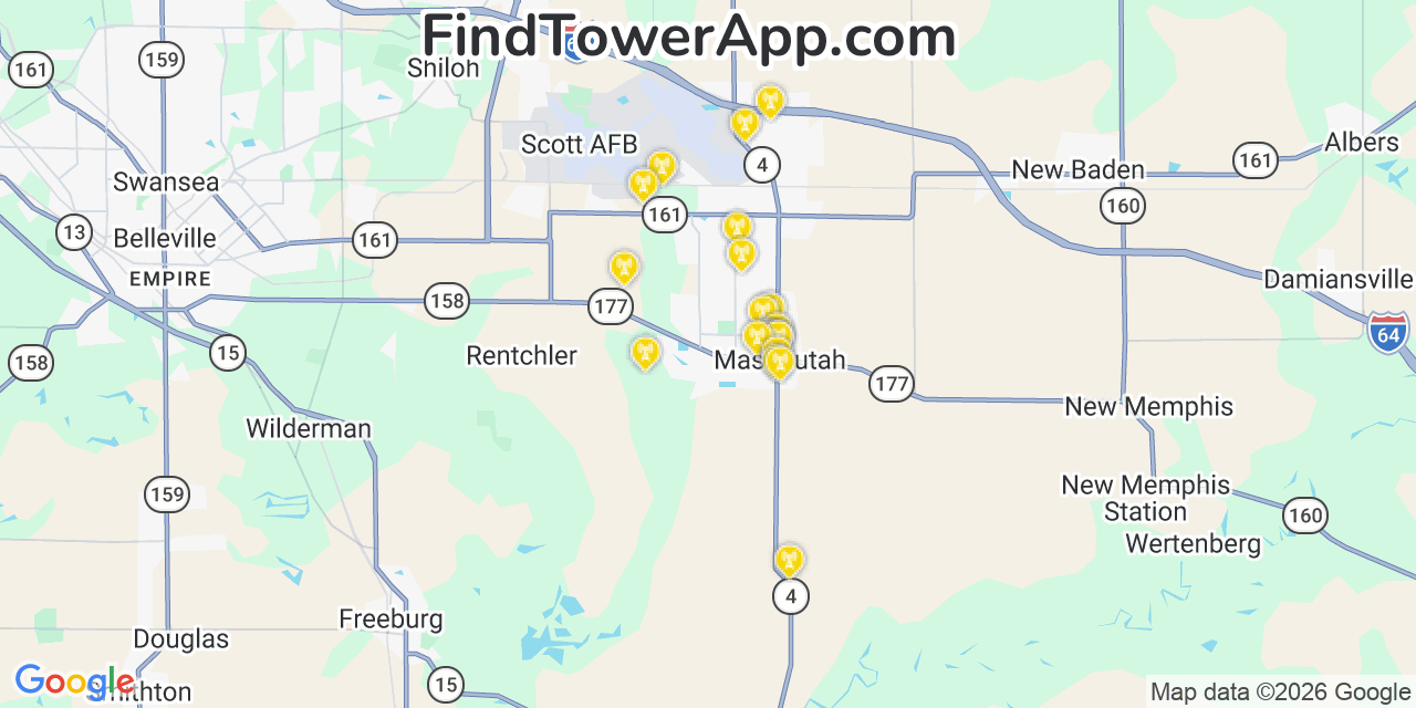 Map showing the 20 primary cell tower locations detected in Mascoutah, Illinois from AT&T, Verizon, and T-Mobile networks