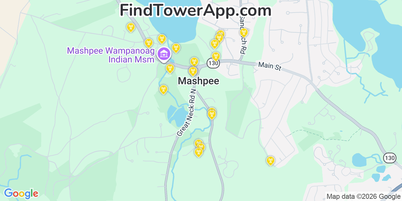 Map showing the 20 primary cell tower locations detected in Mashpee, Massachusetts from AT&T, Verizon, and T-Mobile networks