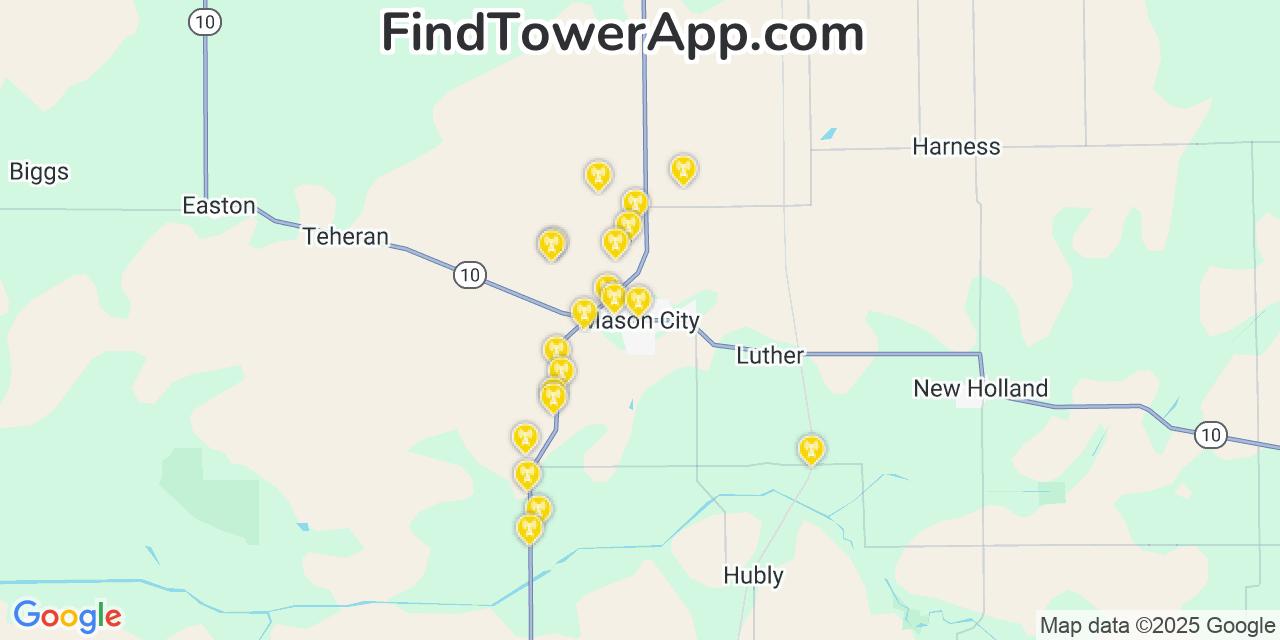 Map showing the 20 primary cell tower locations detected in Mason City, Illinois from AT&T, Verizon, and T-Mobile networks