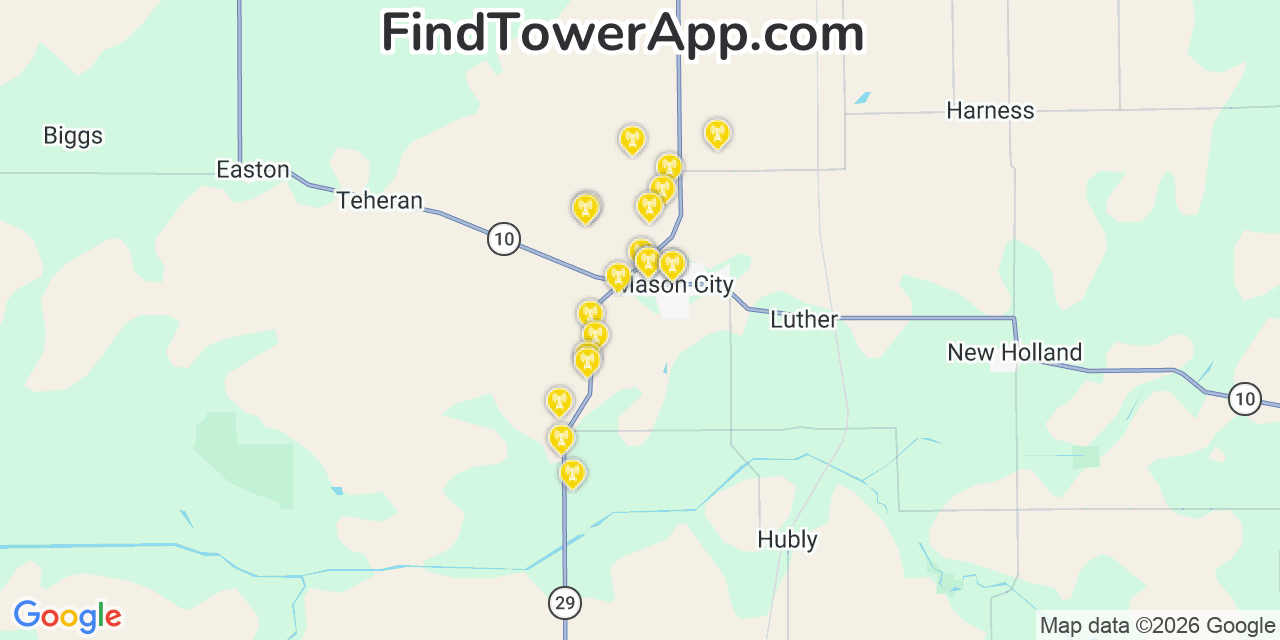 Map showing the 20 primary cell tower locations detected in Mason City, Illinois from AT&T, Verizon, and T-Mobile networks