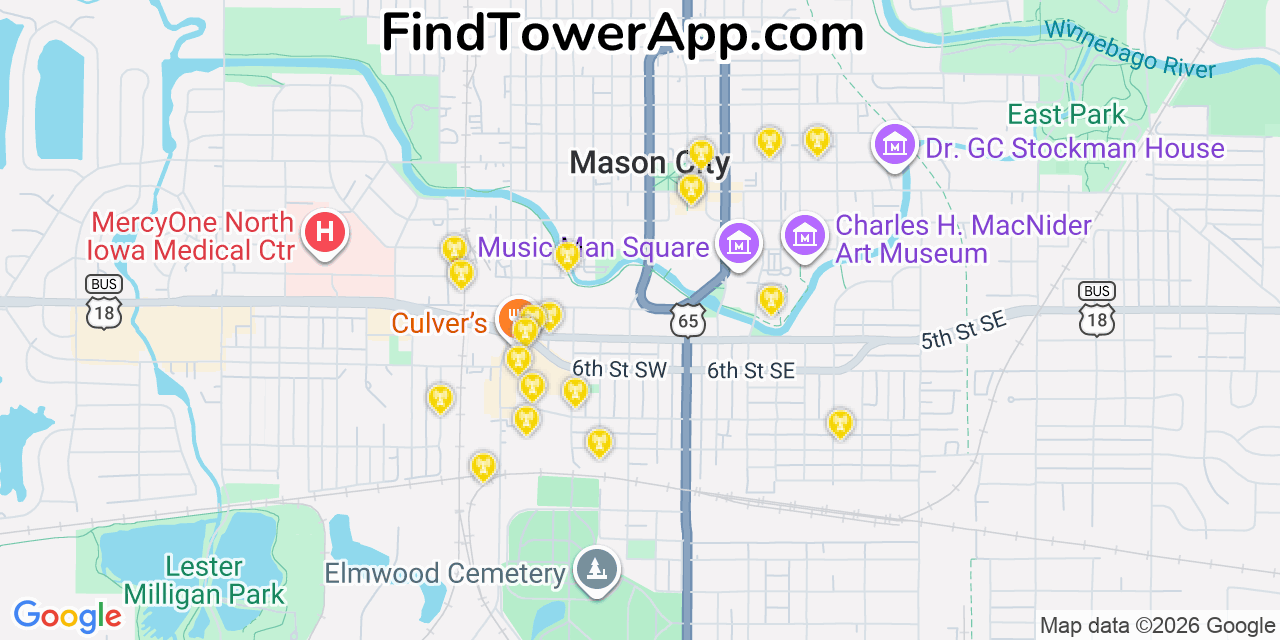 Map showing the 20 primary cell tower locations detected in Mason City, Iowa from AT&T, Verizon, and T-Mobile networks