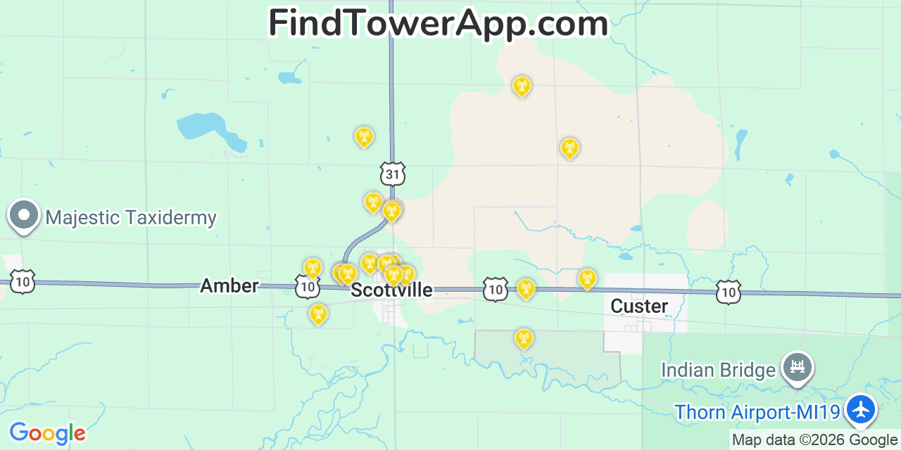 Map showing the 20 primary cell tower locations detected in Mason, Michigan from AT&T, Verizon, and T-Mobile networks