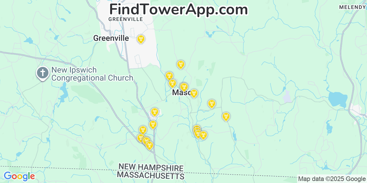 Map showing the 20 primary cell tower locations detected in Mason, New Hampshire from AT&T, Verizon, and T-Mobile networks