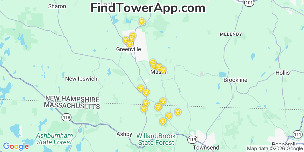 Map showing the 20 primary cell tower locations detected in Mason, New Hampshire from AT&T, Verizon, and T-Mobile networks