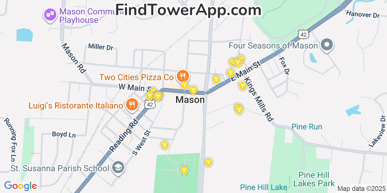Map showing the 20 primary cell tower locations detected in Mason, Ohio from AT&T, Verizon, and T-Mobile networks
