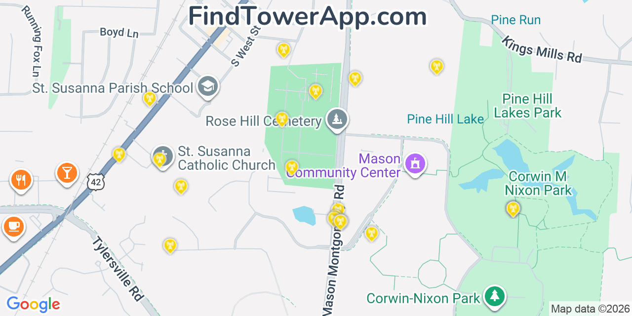 Map showing the 20 primary cell tower locations detected in Mason, Ohio from AT&T, Verizon, and T-Mobile networks