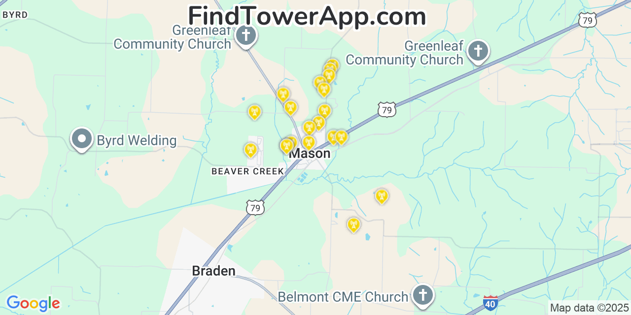 Map showing the 20 primary cell tower locations detected in Mason, Tennessee from AT&T, Verizon, and T-Mobile networks