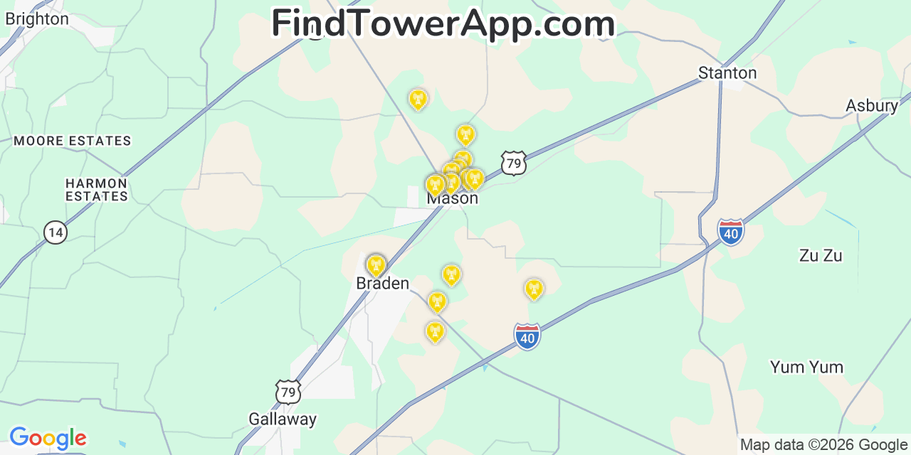 Map showing the 20 primary cell tower locations detected in Mason, Tennessee from AT&T, Verizon, and T-Mobile networks