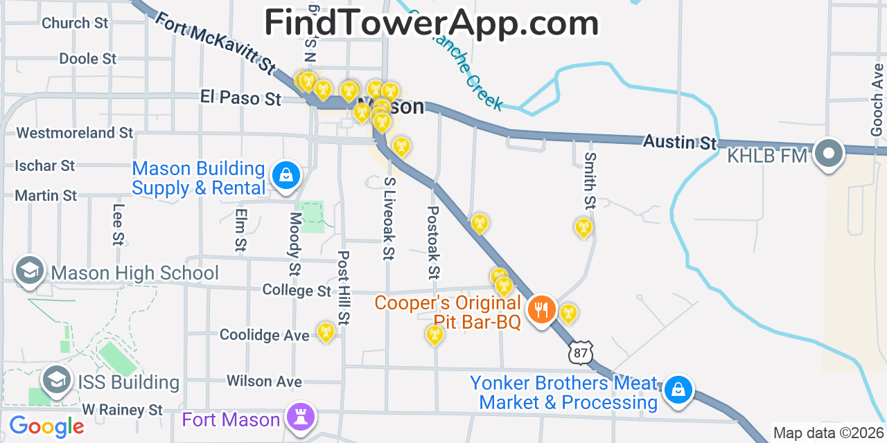 Map showing the 20 primary cell tower locations detected in Mason, Texas from AT&T, Verizon, and T-Mobile networks