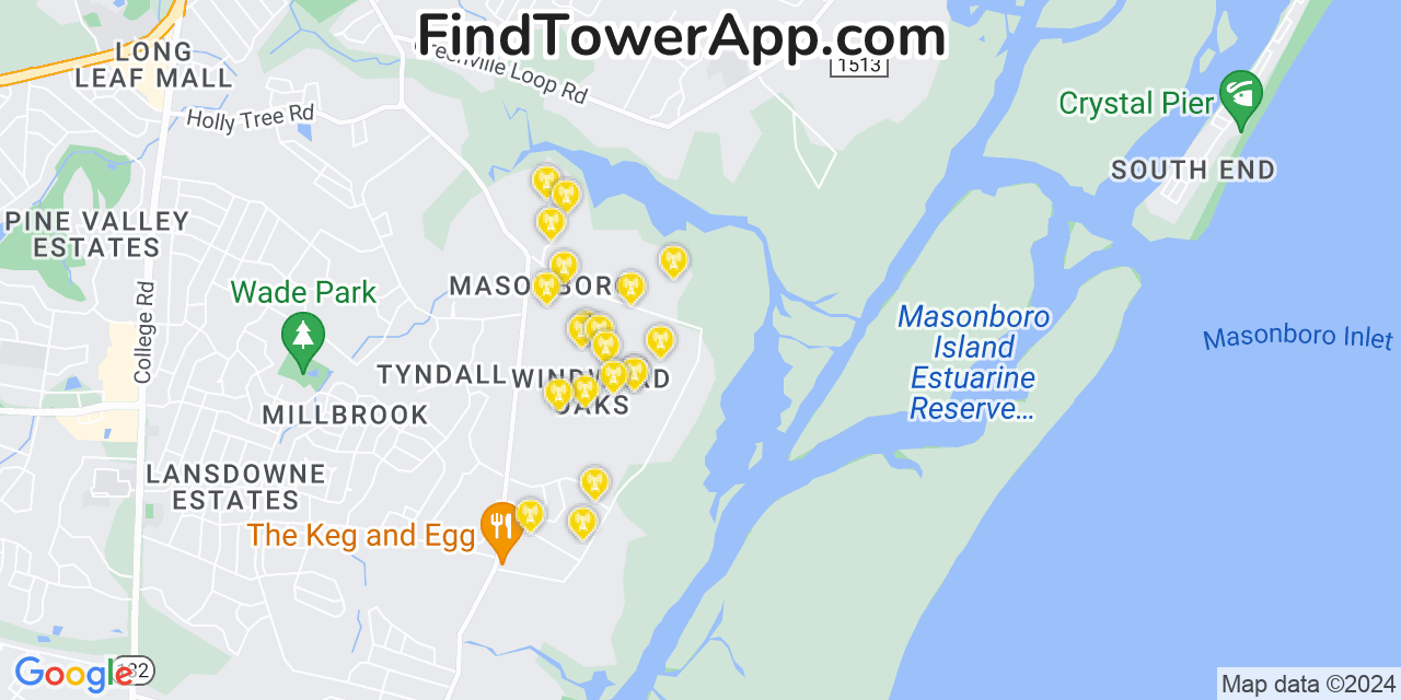 AT&T 4G/5G cell tower coverage map Masonboro, North Carolina