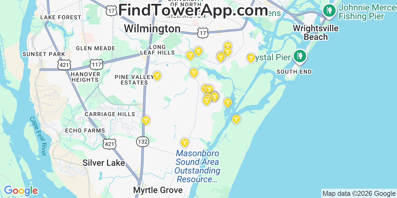 Map showing the 20 primary cell tower locations detected in Masonboro, North Carolina from AT&T, Verizon, and T-Mobile networks