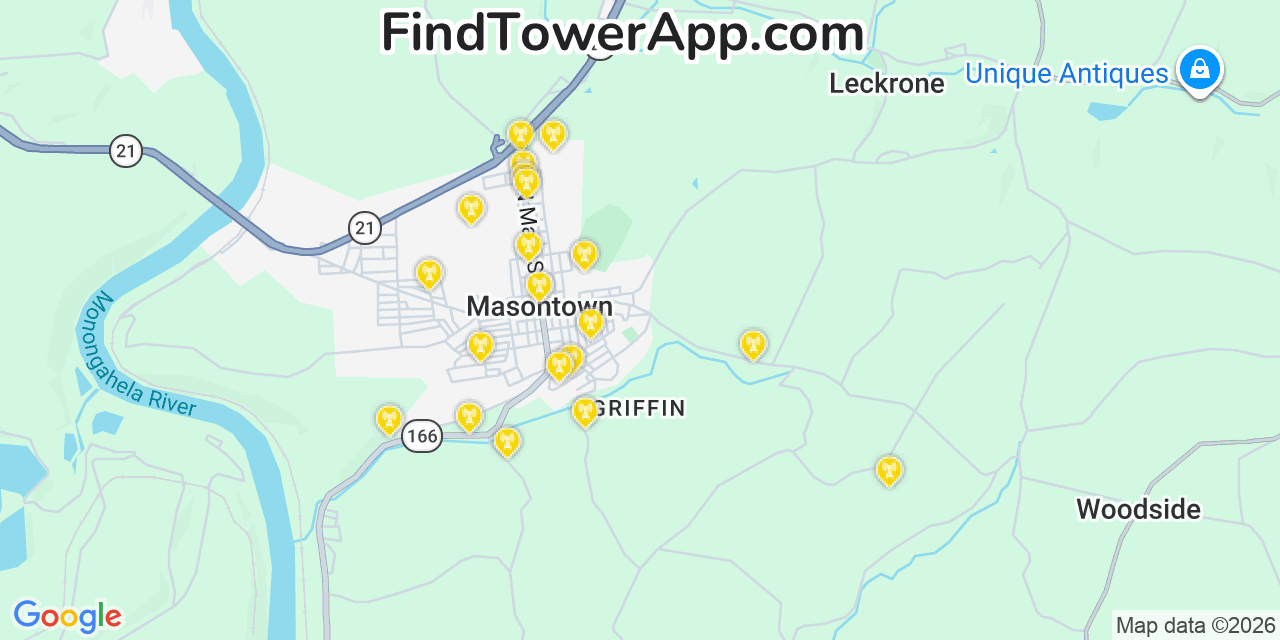 Map showing the 20 primary cell tower locations detected in Masontown, Pennsylvania from AT&T, Verizon, and T-Mobile networks
