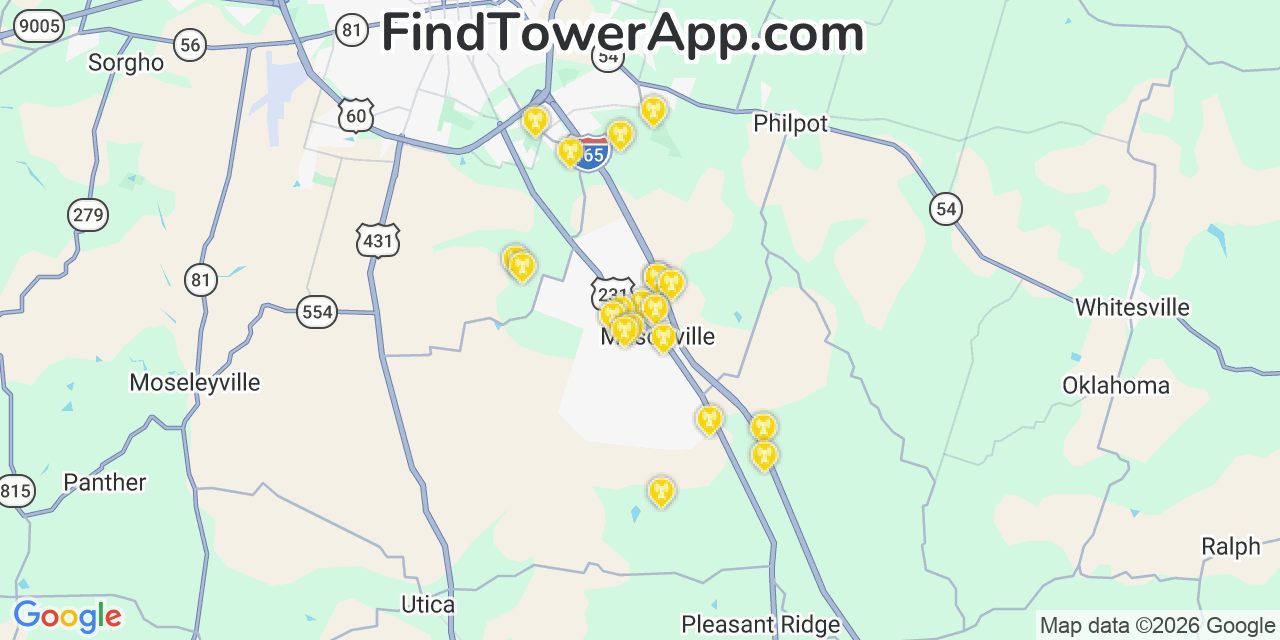 Map showing the 20 primary cell tower locations detected in Masonville, Kentucky from AT&T, Verizon, and T-Mobile networks