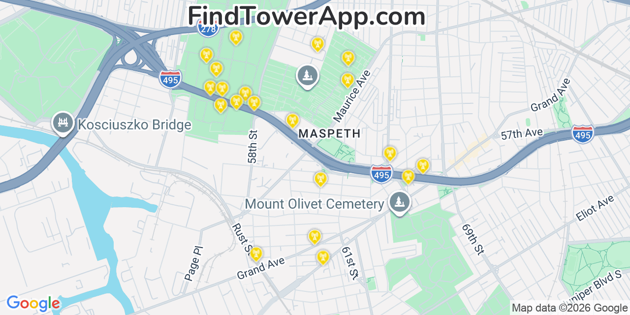 Map showing the 20 primary cell tower locations detected in Maspeth, New York from AT&T, Verizon, and T-Mobile networks