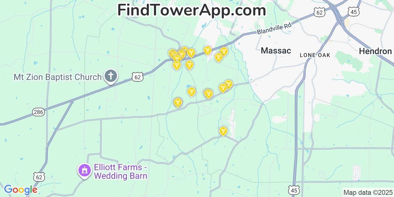 Map showing the 20 primary cell tower locations detected in Massac, Kentucky from AT&T, Verizon, and T-Mobile networks