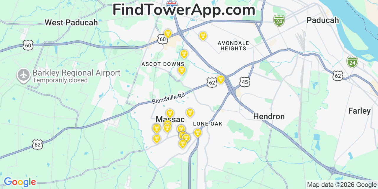 Map showing the 20 primary cell tower locations detected in Massac, Kentucky from AT&T, Verizon, and T-Mobile networks