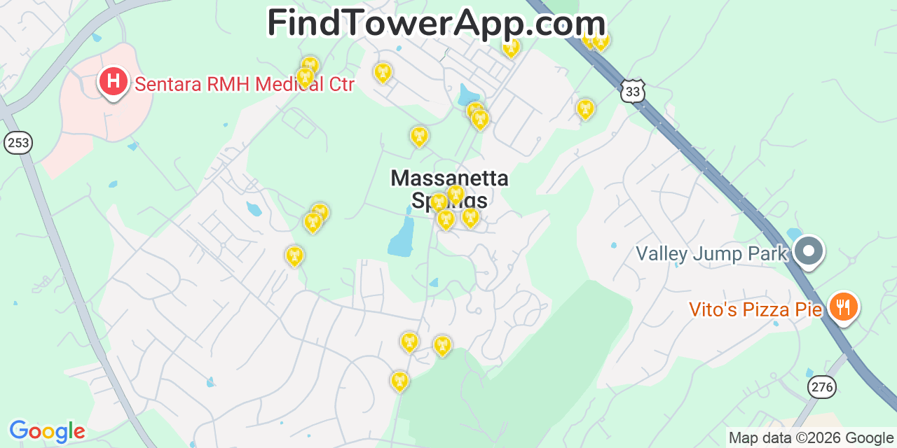 Map showing the 20 primary cell tower locations detected in Massanetta Springs, Virginia from AT&T, Verizon, and T-Mobile networks