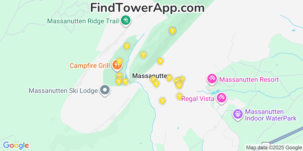 Map showing the 20 primary cell tower locations detected in Massanutten, Virginia from AT&T, Verizon, and T-Mobile networks