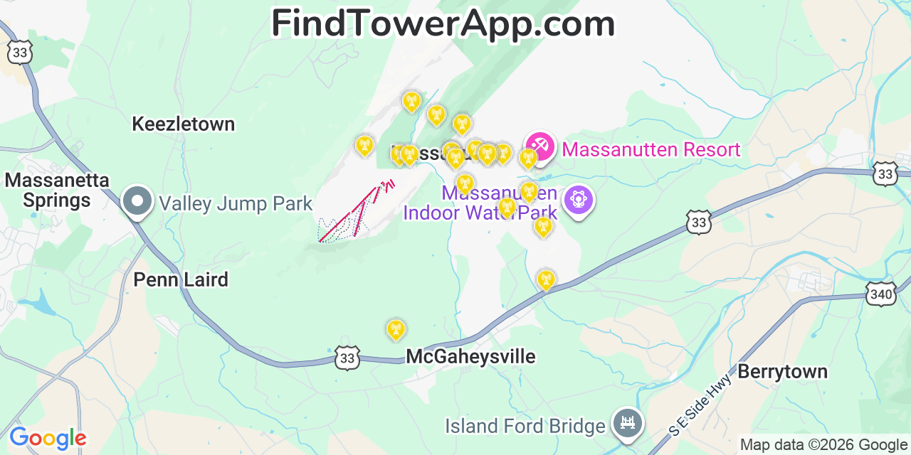 Map showing the 20 primary cell tower locations detected in Massanutten, Virginia from AT&T, Verizon, and T-Mobile networks