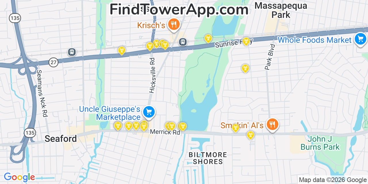 Map showing the 20 primary cell tower locations detected in Massapequa, New York from AT&T, Verizon, and T-Mobile networks