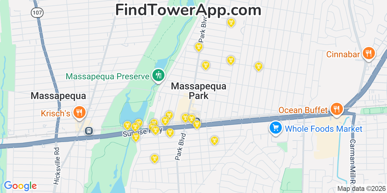 Map showing the 20 primary cell tower locations detected in Massapequa Park, New York from AT&T, Verizon, and T-Mobile networks