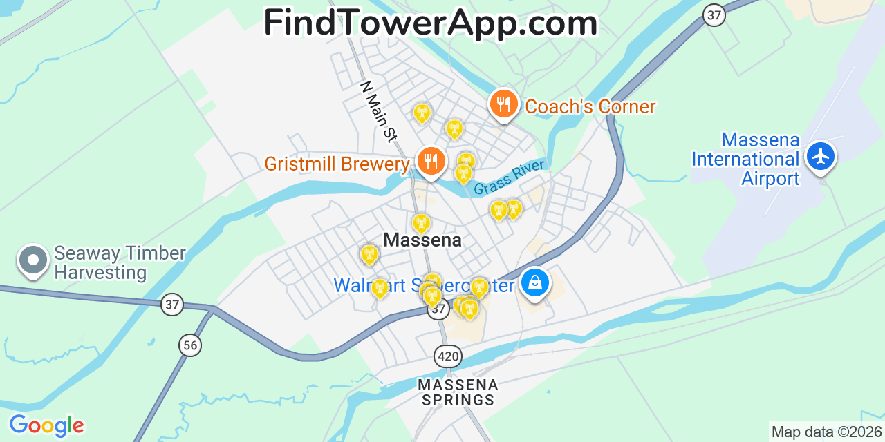 Map showing the 20 primary cell tower locations detected in Massena, New York from AT&T, Verizon, and T-Mobile networks