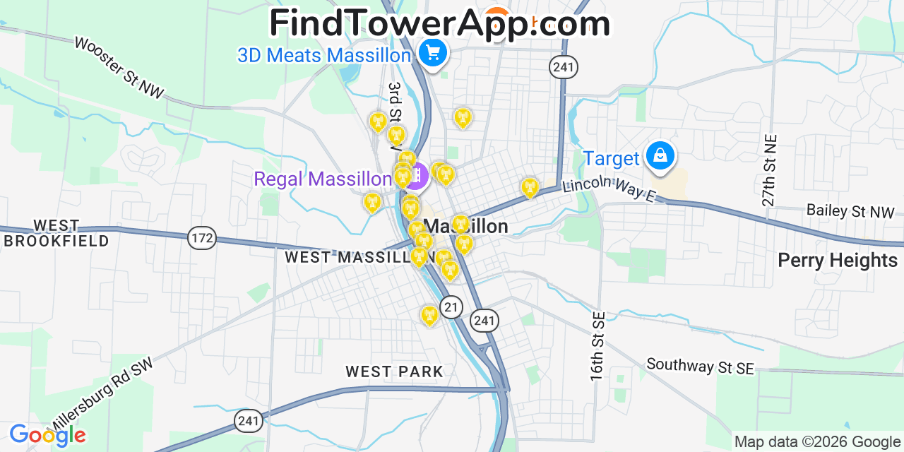 Map showing the 20 primary cell tower locations detected in Massillon, Ohio from AT&T, Verizon, and T-Mobile networks