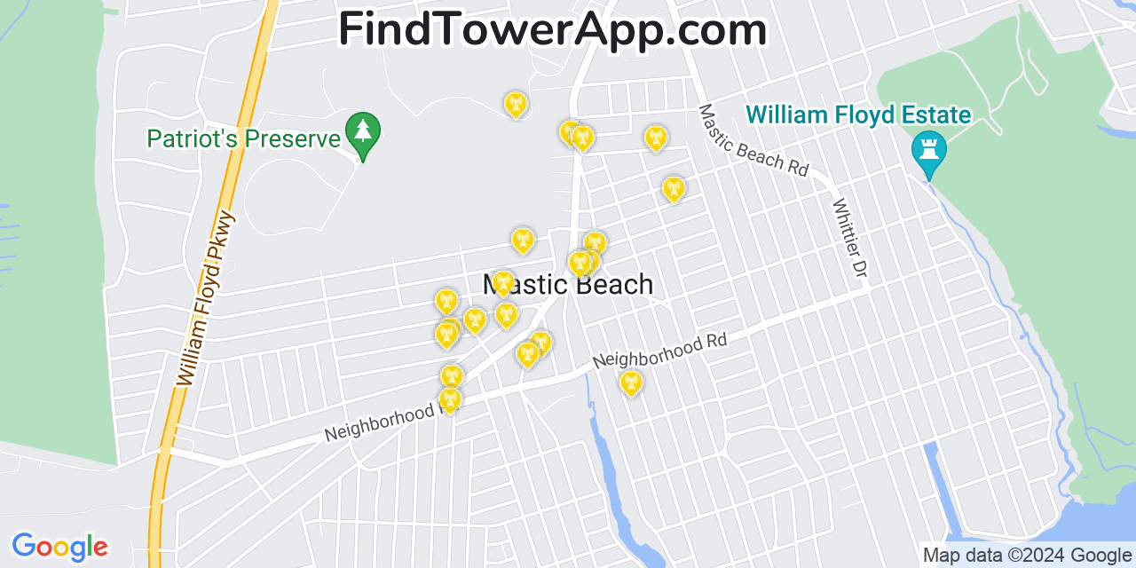 AT&T 4G/5G cell tower coverage map Mastic Beach, New York