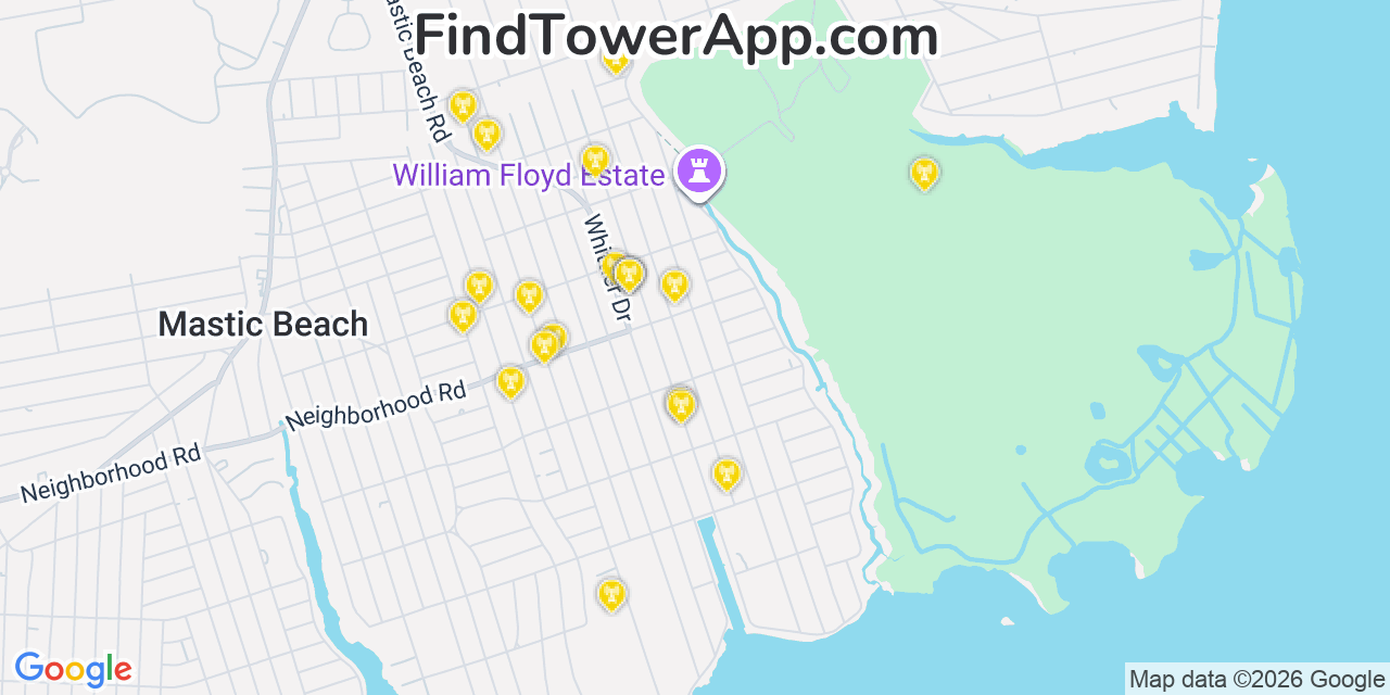 Map showing the 20 primary cell tower locations detected in Mastic Beach, New York from AT&T, Verizon, and T-Mobile networks