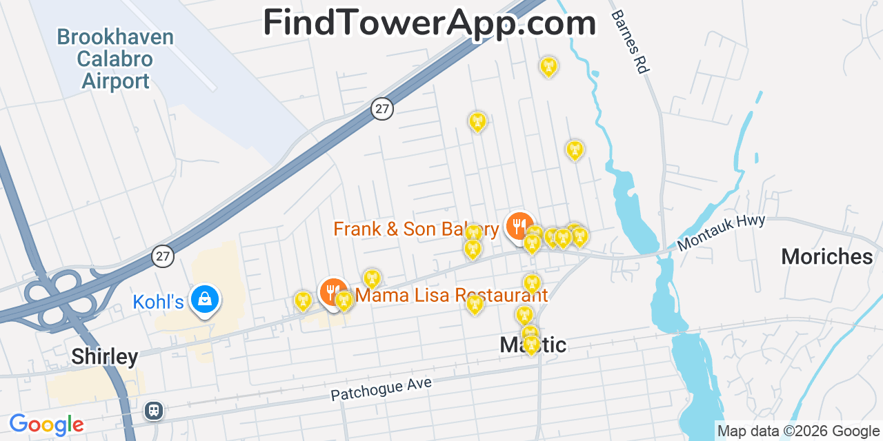 Map showing the 20 primary cell tower locations detected in Mastic, New York from AT&T, Verizon, and T-Mobile networks