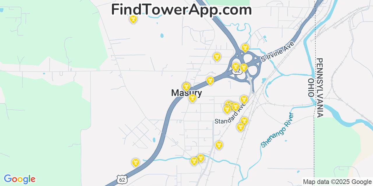 Map showing the 20 primary cell tower locations detected in Masury, Ohio from AT&T, Verizon, and T-Mobile networks