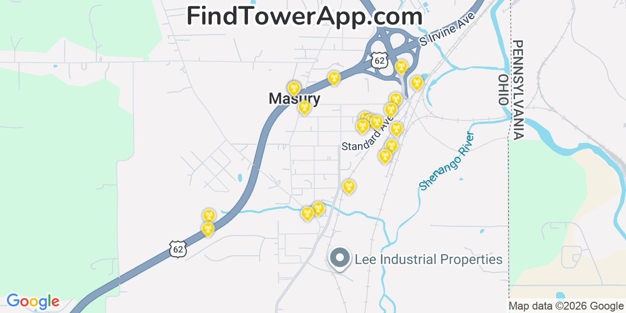Map showing the 20 primary cell tower locations detected in Masury, Ohio from AT&T, Verizon, and T-Mobile networks