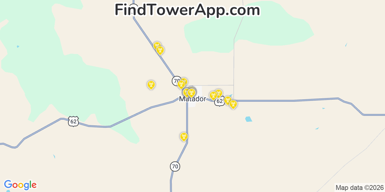Map showing the 20 primary cell tower locations detected in Matador, Texas from AT&T, Verizon, and T-Mobile networks