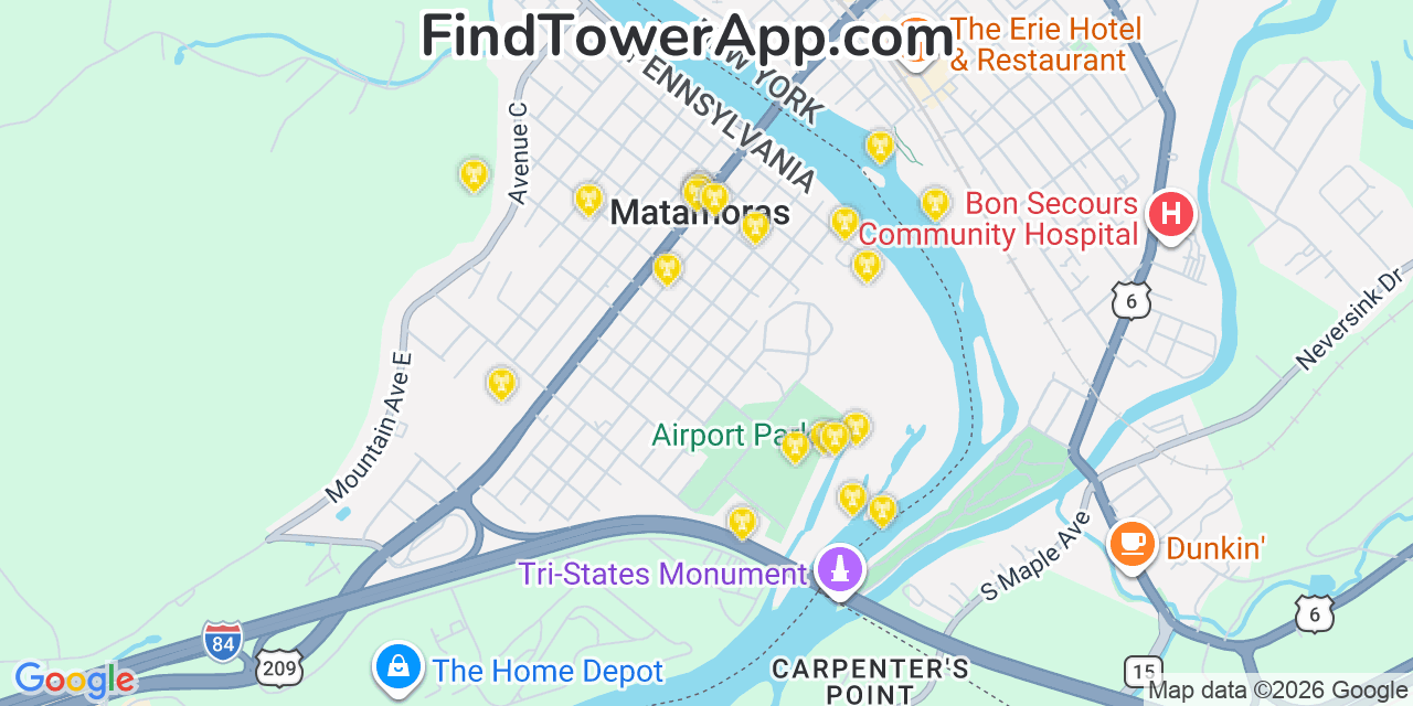 Map showing the 20 primary cell tower locations detected in Matamoras, Pennsylvania from AT&T, Verizon, and T-Mobile networks