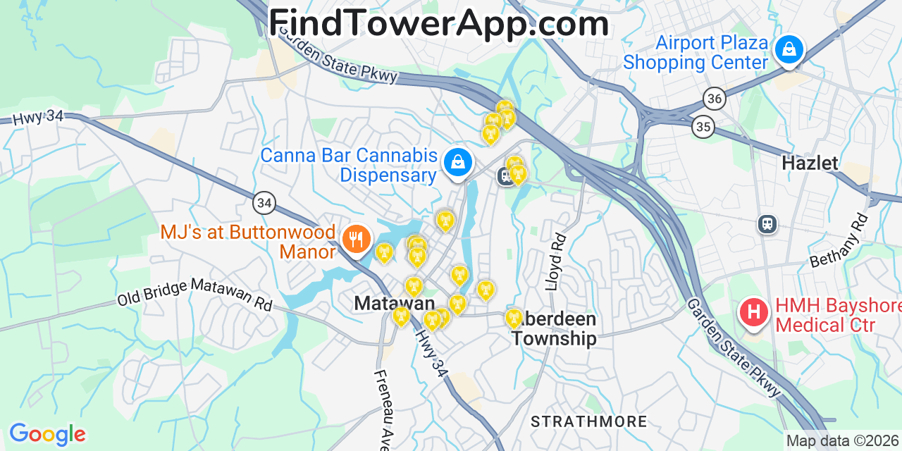 Map showing the 20 primary cell tower locations detected in Matawan, New Jersey from AT&T, Verizon, and T-Mobile networks