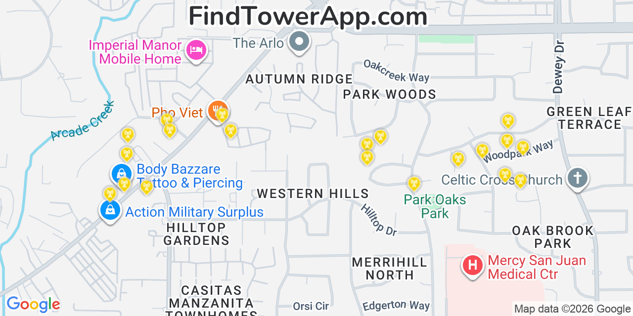 Map showing the 20 primary cell tower locations detected in Matheny, California from AT&T, Verizon, and T-Mobile networks