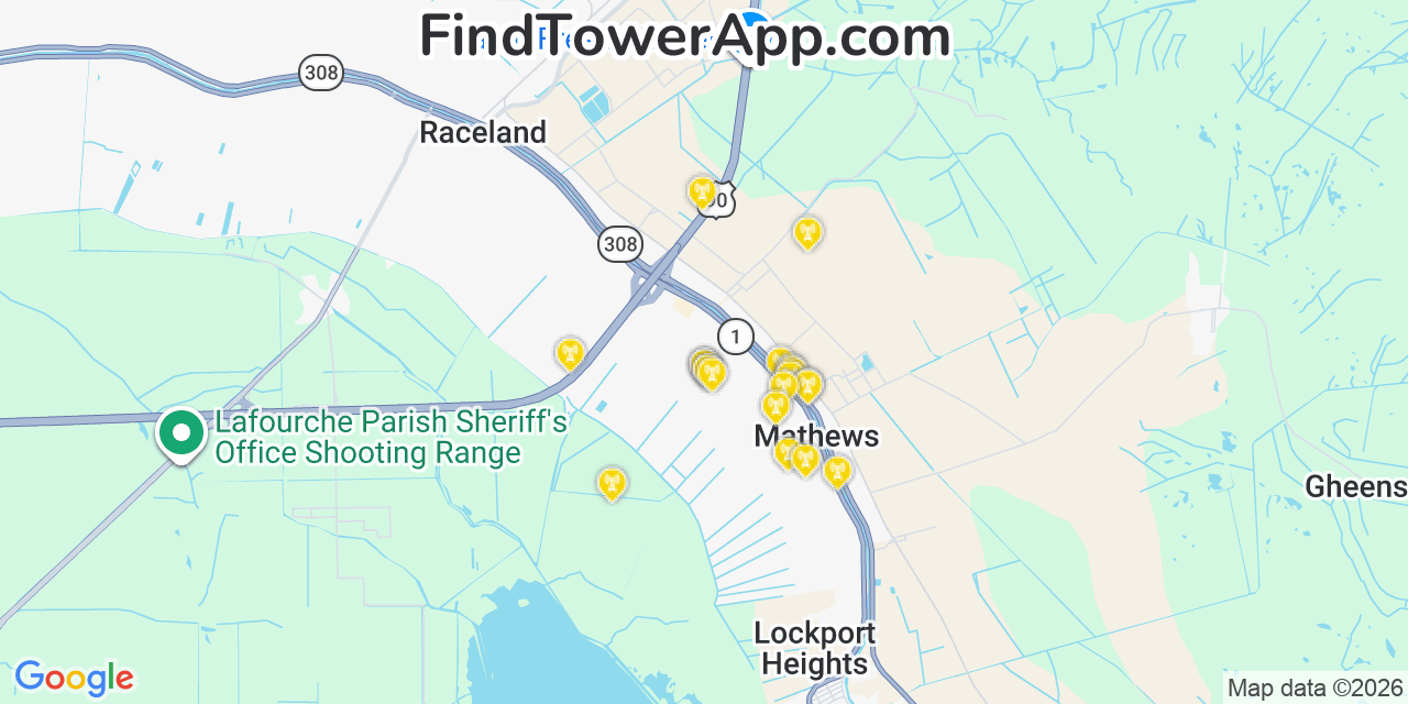Map showing the 20 primary cell tower locations detected in Mathews, Louisiana from AT&T, Verizon, and T-Mobile networks