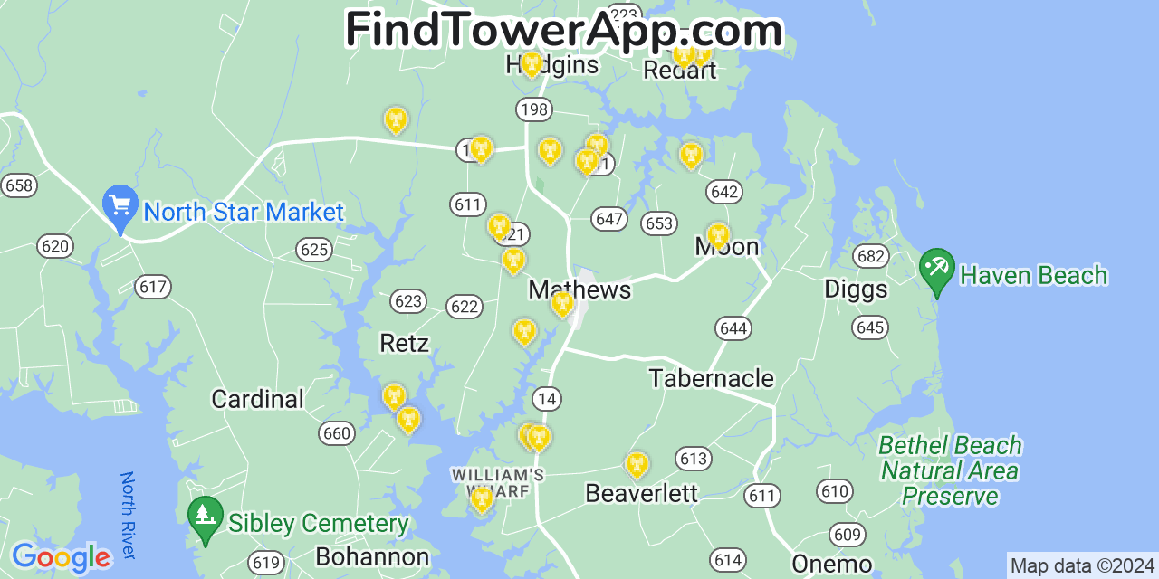 AT&T 4G/5G cell tower coverage map Mathews, Virginia