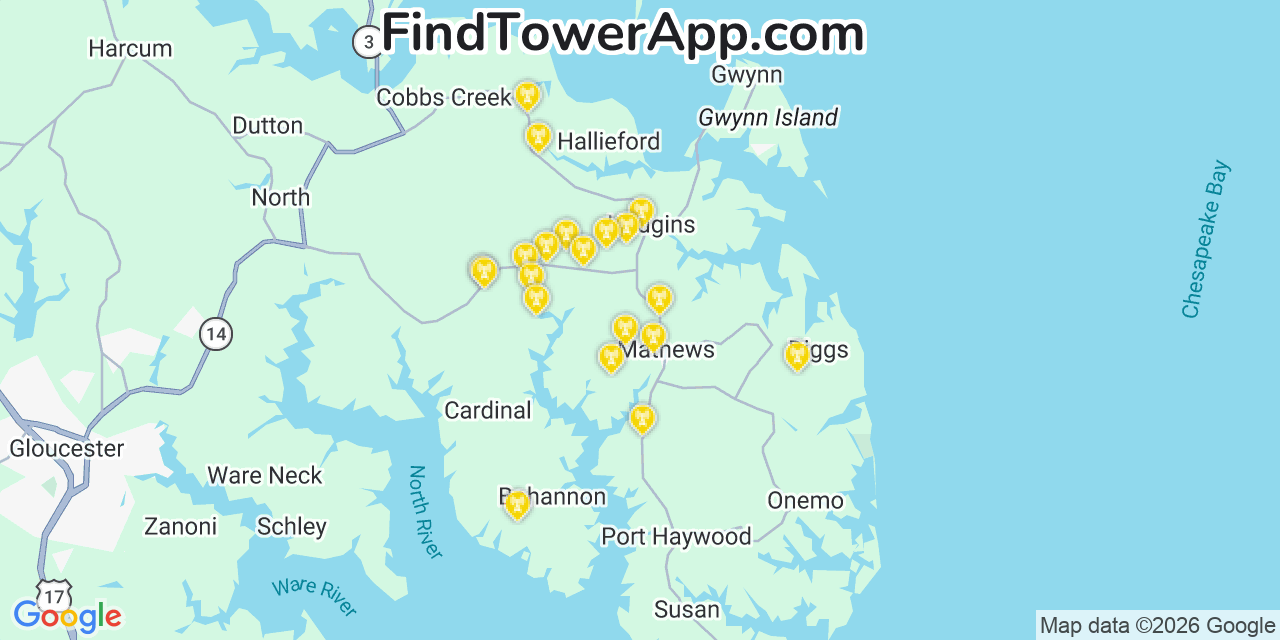Map showing the 20 primary cell tower locations detected in Mathews, Virginia from AT&T, Verizon, and T-Mobile networks