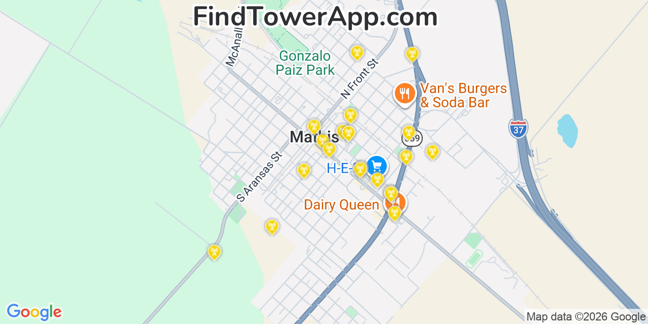 Map showing the 20 primary cell tower locations detected in Mathis, Texas from AT&T, Verizon, and T-Mobile networks