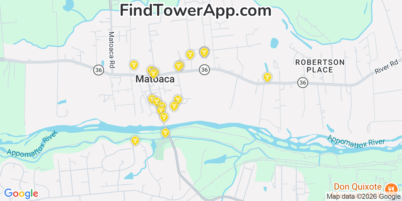 Map showing the 20 primary cell tower locations detected in Matoaca, Virginia from AT&T, Verizon, and T-Mobile networks