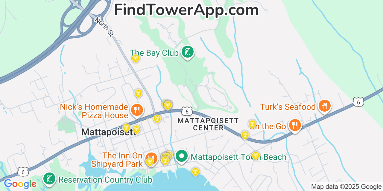 Map showing the 20 primary cell tower locations detected in Mattapoisett Center, Massachusetts from AT&T, Verizon, and T-Mobile networks