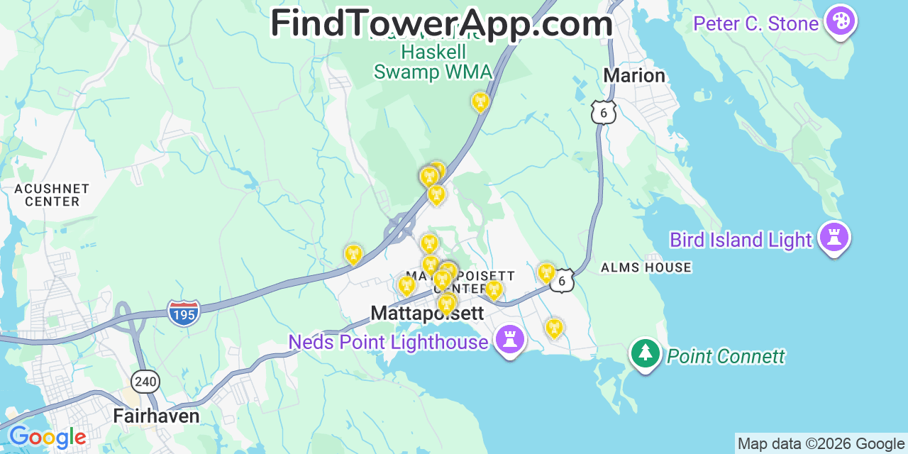 Map showing the 20 primary cell tower locations detected in Mattapoisett Center, Massachusetts from AT&T, Verizon, and T-Mobile networks