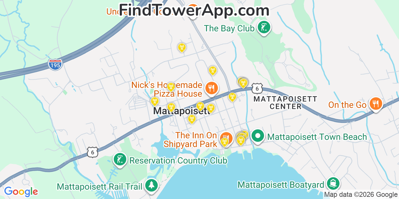 Map showing the 20 primary cell tower locations detected in Mattapoisett, Massachusetts from AT&T, Verizon, and T-Mobile networks