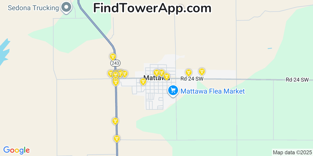 Map showing the 20 primary cell tower locations detected in Mattawa, Washington from AT&T, Verizon, and T-Mobile networks